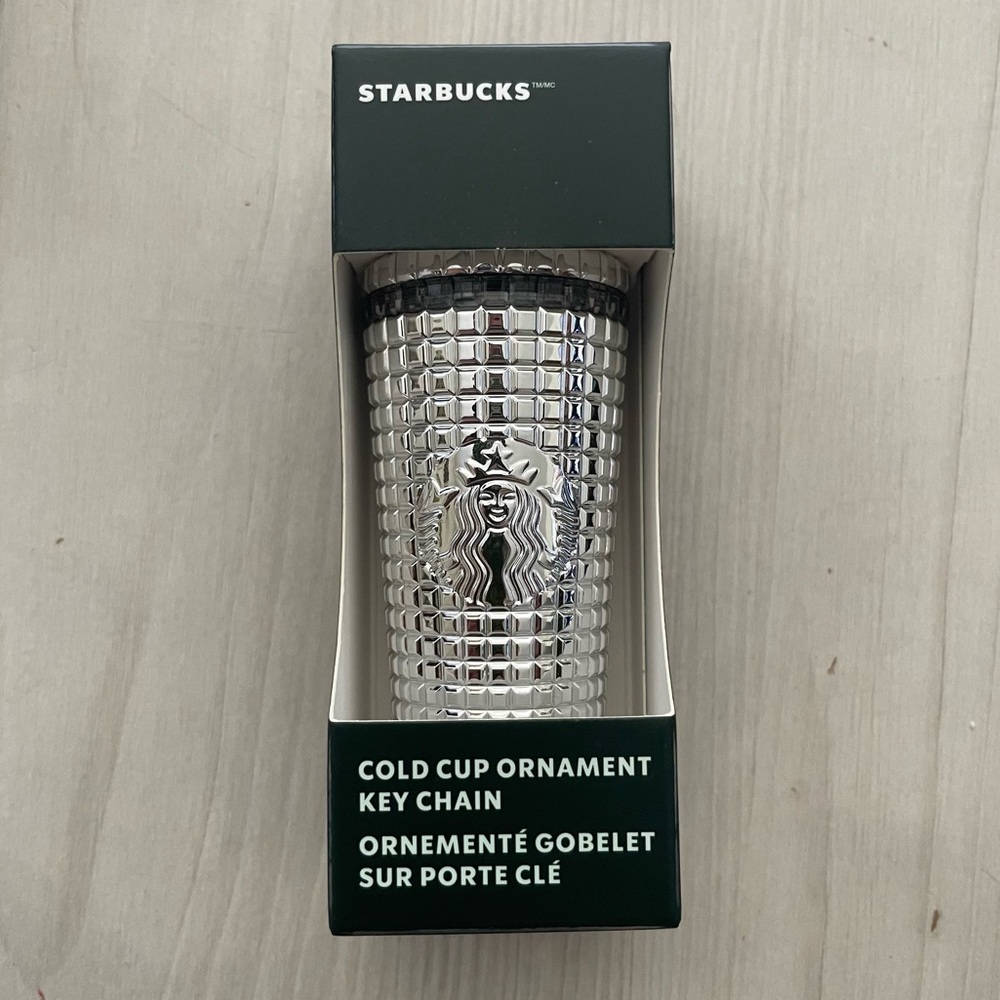 Starbucks 2023 Holiday Mini Cold Cup Silver Chrome Grid Ornament Key Chain - Picture 5 of 5